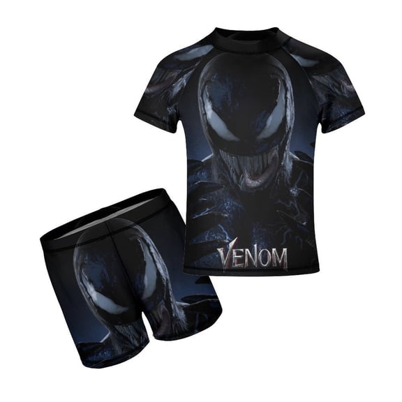 Venom Boys 2-Piece Swimsuit Set, Short Sleeve Rash Guard & Swim Trunks for Kids