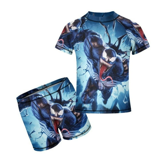 Venom Boys 2-Piece Swimsuit Set, Short Sleeve Rash Guard & Swim Trunks for Kids