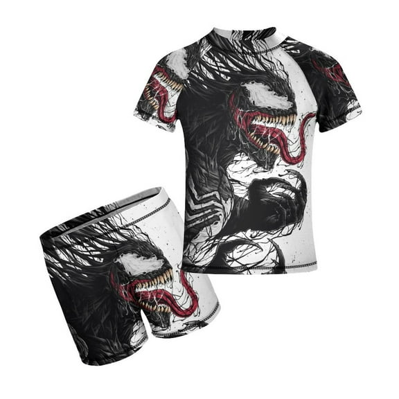 Venom Boys 2-Piece Swimsuit Set, Short Sleeve Rash Guard & Swim Trunks for Kids