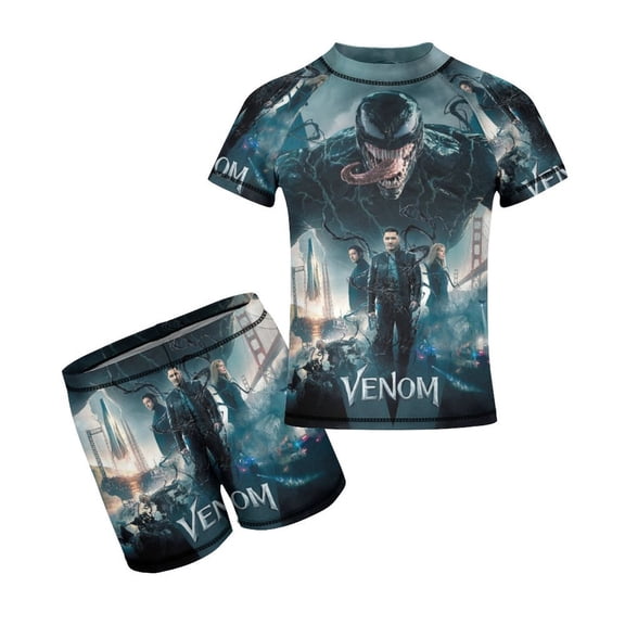 Venom Boys 2-Piece Swimsuit Set, Short Sleeve Rash Guard & Swim Trunks for Kids