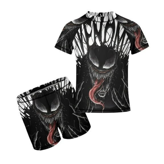Venom Boys 2-Piece Swimsuit Set, Short Sleeve Rash Guard & Swim Trunks for Kids