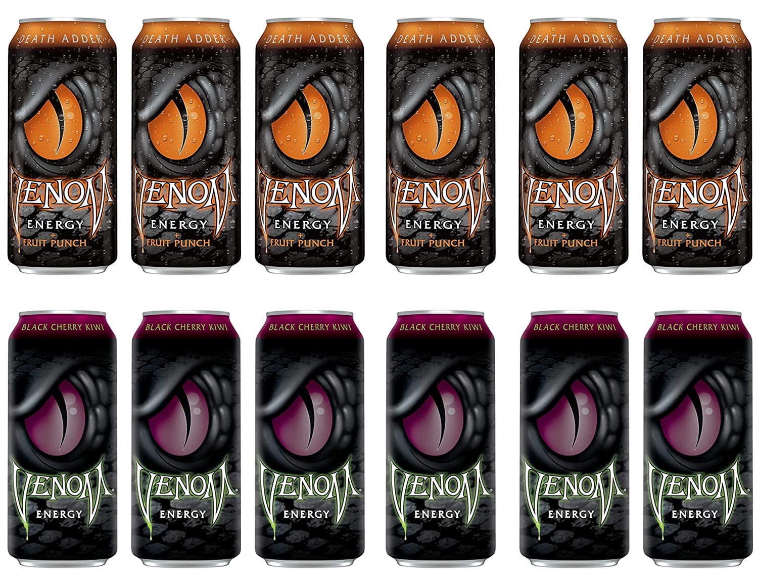 Venom Energy Drink Variety Pack , Pack of 12 , 16 fl oz , Death Adder (AKA Fruit Punch) Energy Drink , Black Cherry kiwi Energy Drink