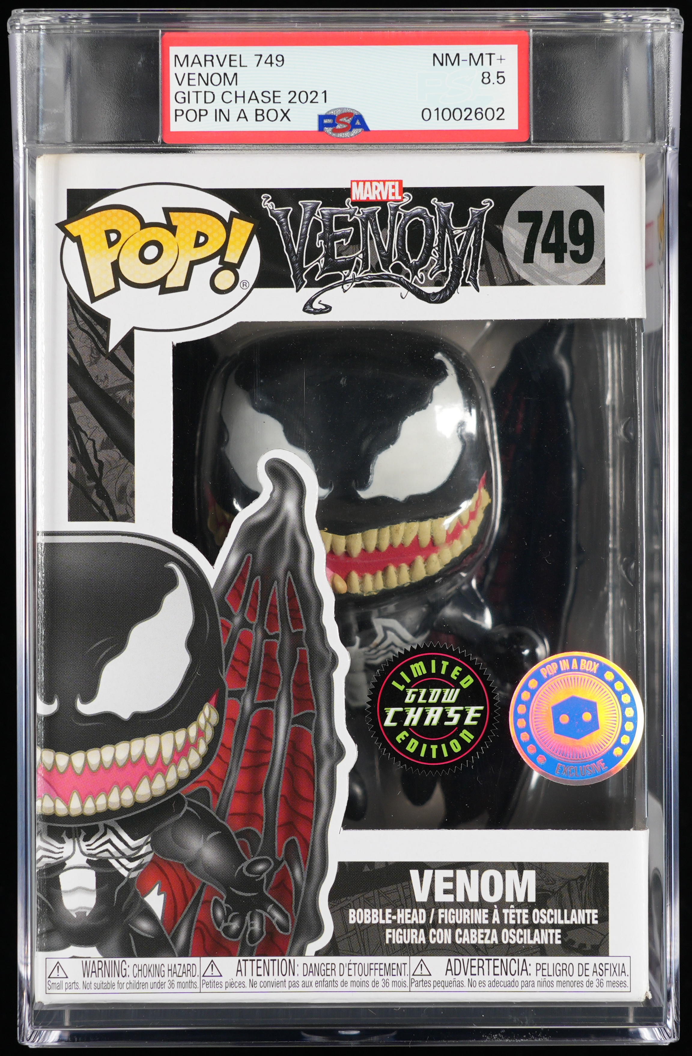 Venom, PSA Graded 8.5 NM-MT+, Venom Collectible Vinyl Figure #749, Fully Encapsulated Bundle with Compatible Funko Pop! PSA Hard Protector Case
