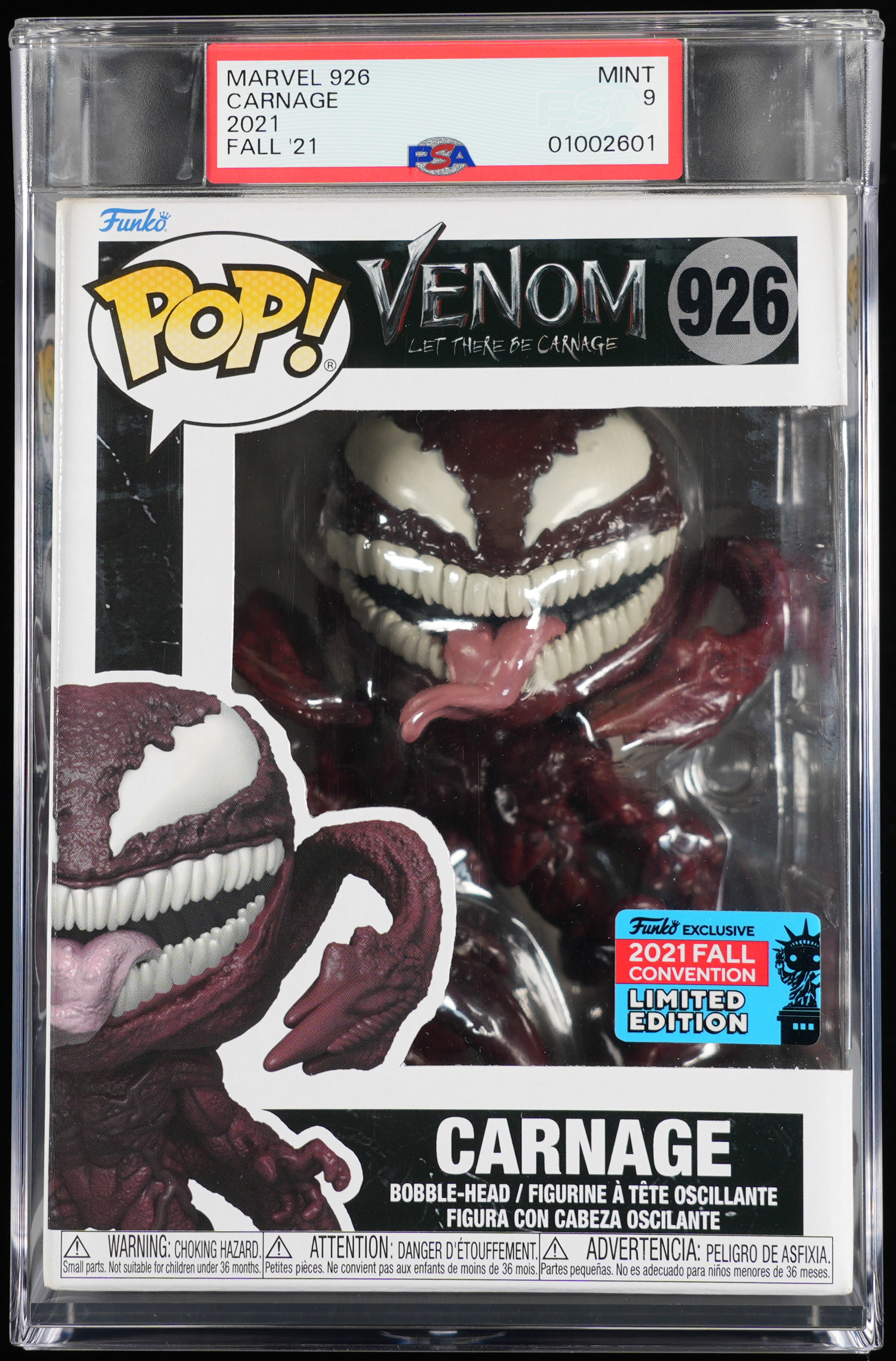 Venom, PSA Graded 9 MINT, Carnage Collectible Vinyl Figure #926, Fully Encapsulated Bundle with Compatible Funko Pop! PSA Hard Protector Case
