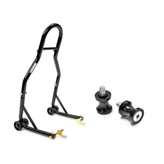 Venom Sport Bike Motorcycle Rear Wheel Swingarm Spool Lift Stand + Low Profile 6mm Black Swingarm Spools (Compatible with Most Yamaha Bikes)
