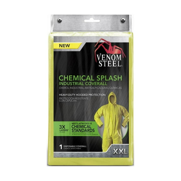 Venom Steel Disposable Chemical Splash Industrial Coverall, Hooded, Elastic Wrist and Ankles, Yellow, XXL