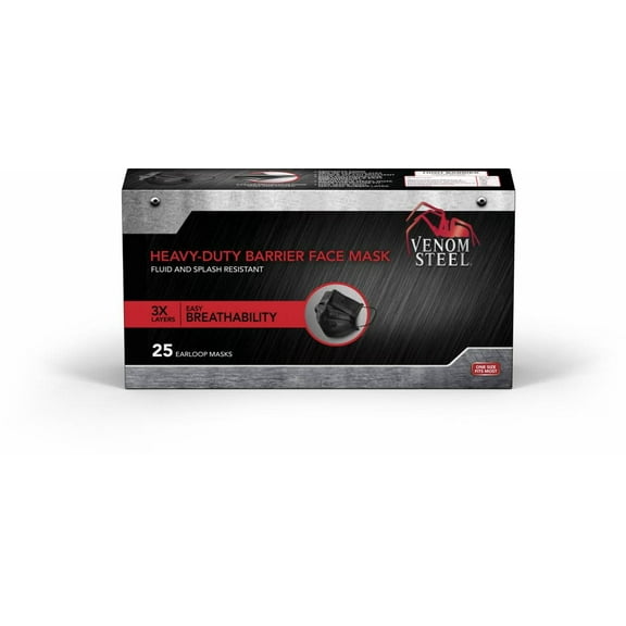 Venom Steel Heavy Duty Barrier Black Face Mask, 25 Count