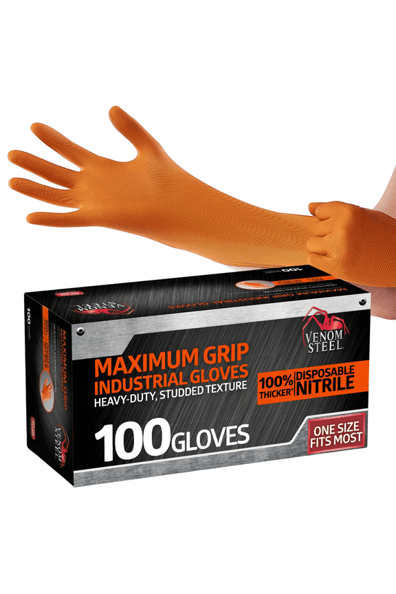 Maximum Grip Nitrile Gloves, 8 mil Thick, Raised Diamond Texture for Grip, Puncture and Rip Resistant, Hi-Visibility Orange, One Size Fits Most, 100 Count