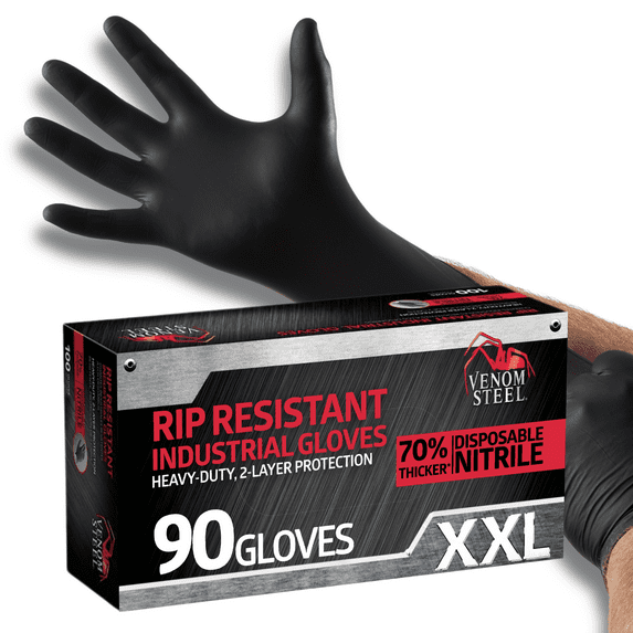 Venom Steel Black Nitrile Gloves, 2-Layer Rip Resistant Latex Free Disposable Gloves, 2XL, 90 Count