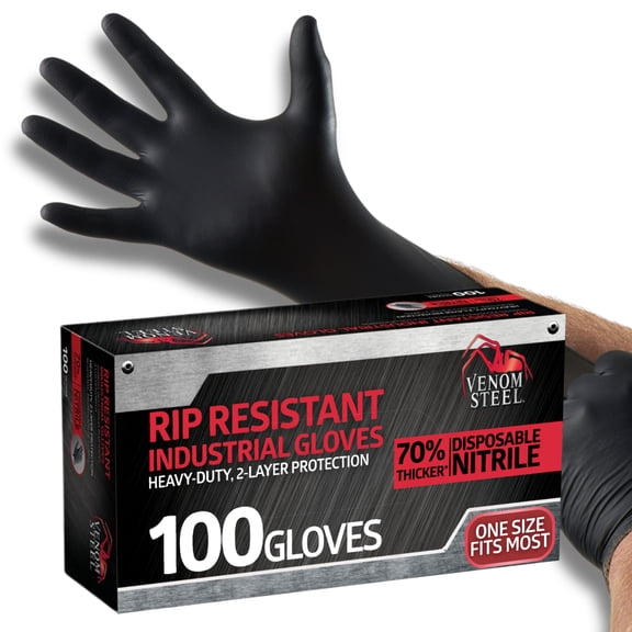 Venom Steel Premium Industrial Black Nitrile Gloves, One Size Fits Most, 100 Count