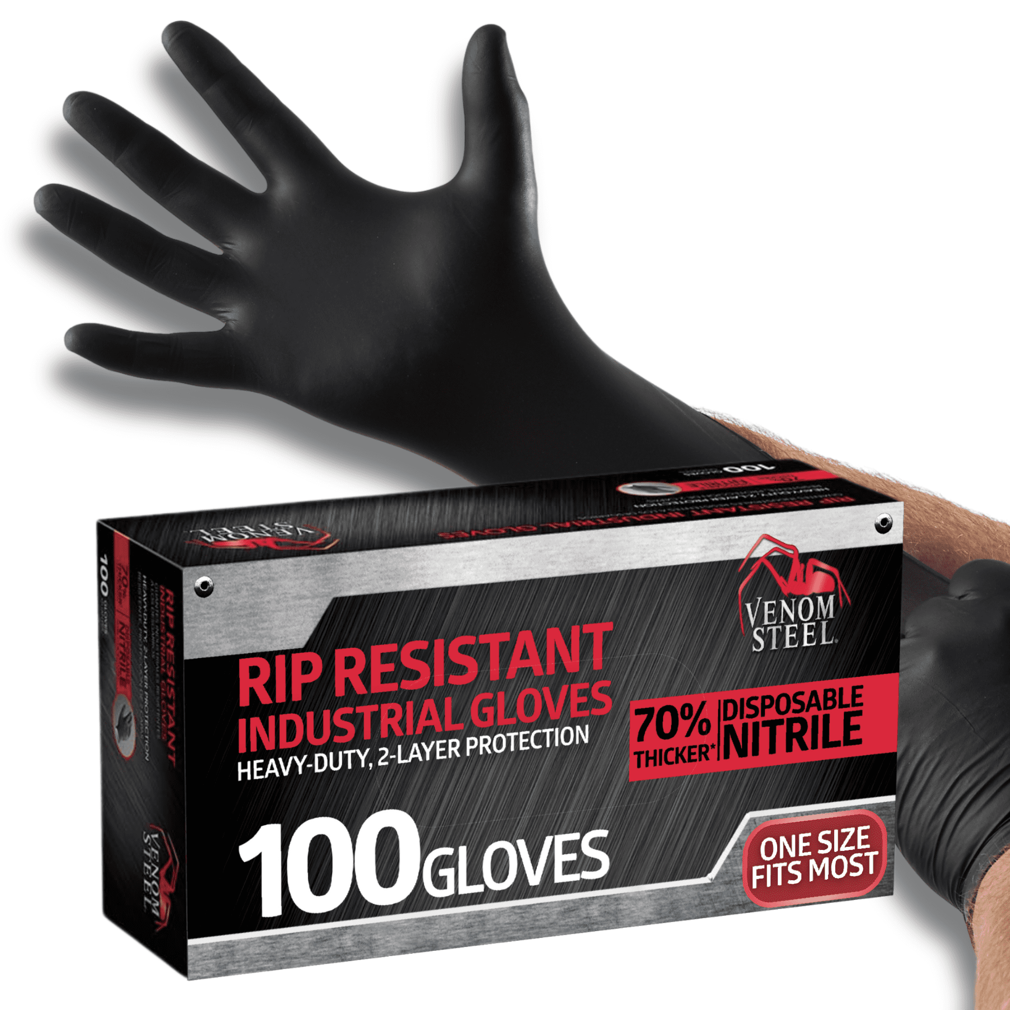 Venom Steel Heavy Duty Black Nitrile Gloves, Textured, Rip