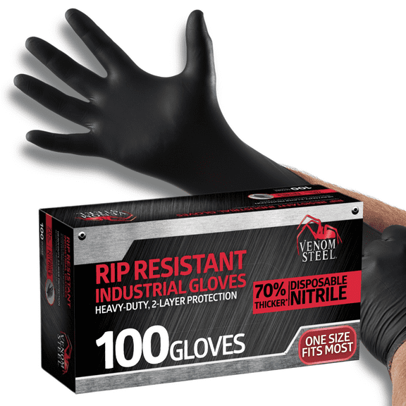 Venom Steel Premium Industrial Black Nitrile Gloves, One Size Fits Most, 100 Count