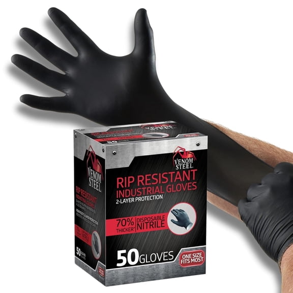 Venom Steel Premium Industrial Black Nitrile Gloves, One Size Fits Most, 50 ct
