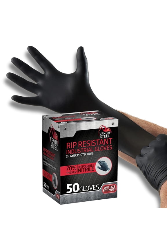 Premium Industrial Nitrile Gloves, One Size Fits Most, Black, 50 Count