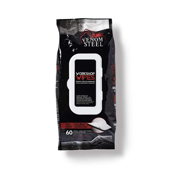 Venom Steel Workshop Wipes with Scrubbing Beads, for Grease, Light Citrus Scent, 8" x 12", 60 Wipes