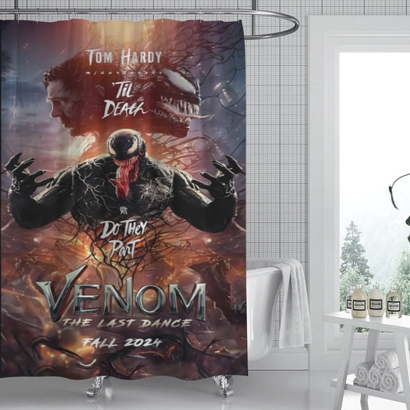 Venom shower curtain showcases a vibrant artistic print, is waterproof, and installs easily, adding a creative touch to your bathroom decor. Size: 59" x 71" (150 x 180 cm).