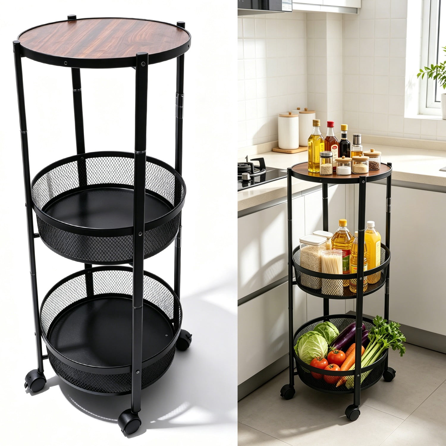 Venoro 3-Tier Foldable Storage Rack W/ Caster Mobile Organizer Shelf ...