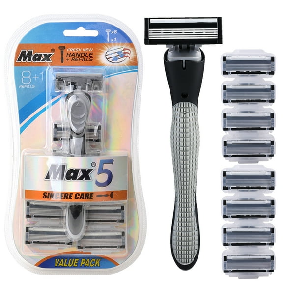 Venoro 5-Blade Disposable Razors for Men, 1 Handle+8 Razor Blades Refills, Gray