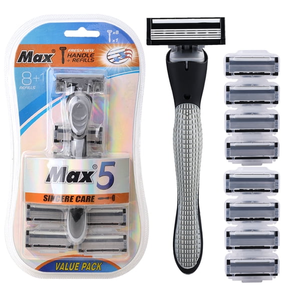 Venoro 5-Blade Disposable Razors for Men, 1 Handle+8 Razor Blades Refills, Gray