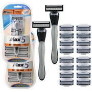 Venoro 5-Blade Disposable Razors for Men, 2 Handles+16 Razor Blades Refills, Gray
