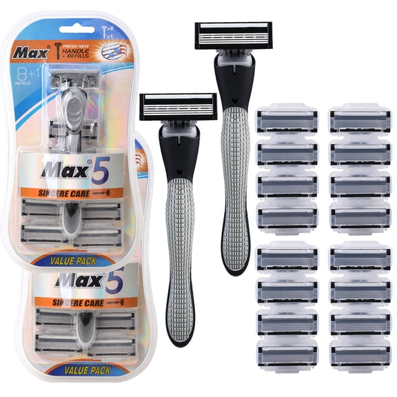 Venoro 5-Blade Disposable Razors for Men, 2 Handles+16 Razor Blades Refills, Gray