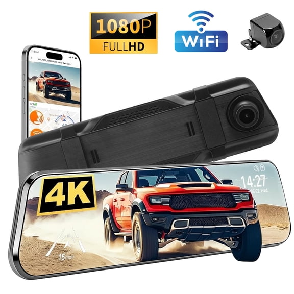 Venoro 9.6" Car Mirror Dash Cam with Front + Rear Cameras, WiFi, Parking Monitor, Black