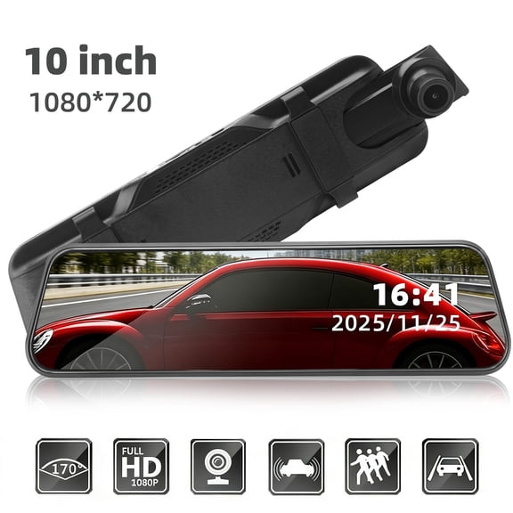 Venoro 9.6" Car Mirror Dash Cam with Front + Rear Cameras, WiFi, Parking Monitor, Black
