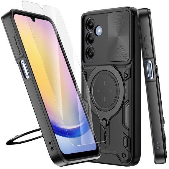 Venoro Case with Screen Protector for Samsung Galaxy A25 5G Car Magnetic Mount Stand and Slide Camera Lens Cover, Black