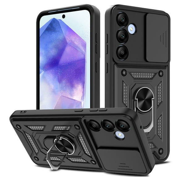 Venoro Case with Screen Protector for Samsung Galaxy A55 5G Slide Camera Lens Protection Phone Cover with Stand, Black