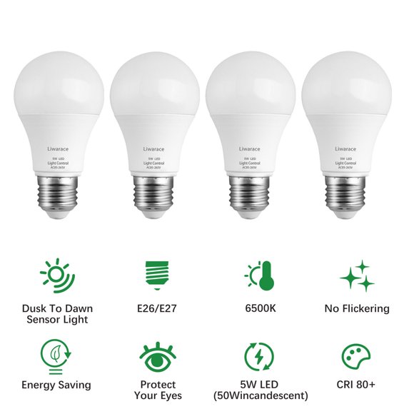 Venoro LED Light Bulbs Outdoor Automatic On/Off Sensor Bulb 6500K Daylight Dusk to Dawn