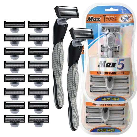 Venoro Men's Razors 5-Blade 2 Manual Razor Handles and 16 Blades Refills, Gray