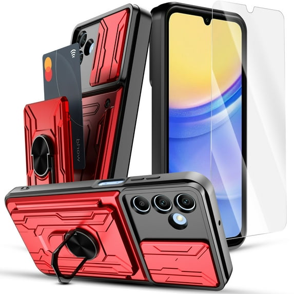 Venoro for Samsung Galaxy A15 5G Card Slot Holder Phone Case with Screen Protector with Slide Camera Lens Cover and Stand, Red