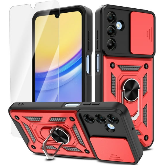 Venoro for Samsung Galaxy A15 5G Case with Screen Protector Slide Camera Lens Protection Phone Cover with Stand, Red