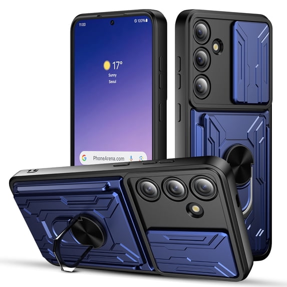Venoro for Samsung Galaxy S24 Ultra/S24 Plus/S24 Card Slot Holder Case with Screen Protector Slide Camera Lens Cover and Stand, Blue