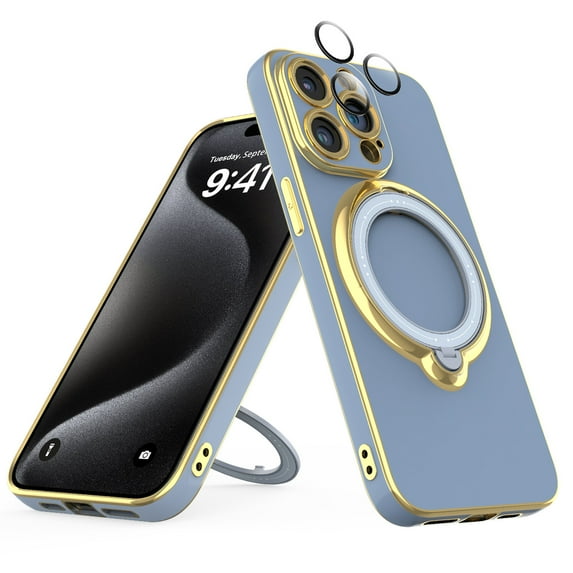 Venoro for iPhone 15 Pro Max/15 Pro/15 Plus/15 Phone Case with Built-in Lens Protector Magnetic Plating Cover, Blue