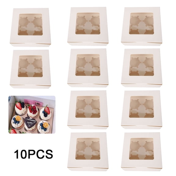 Vensio 10-Pack White 4-Hole Cupcake Boxes with Clear Window and Removable Tray for Bakery and Parties