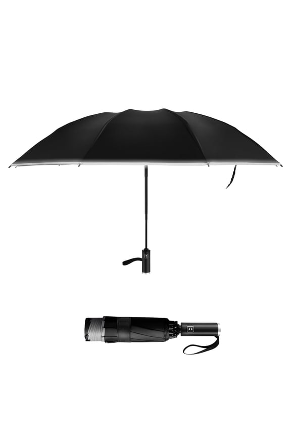 -10 Ribs Automatic Reverse Folding Umbrella with Reflective Safety Strip, Windproof Inverted Waterproof Travel Umbrella for Rain and Sun Protection Black