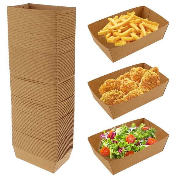 Vensio -100 Pack Brown Kraft Paper Food Trays with Oil-Proof Coating, Disposable Boat-Shaped Nacho and Snack Containers for Parties Theater and Stadium, 100pcs
