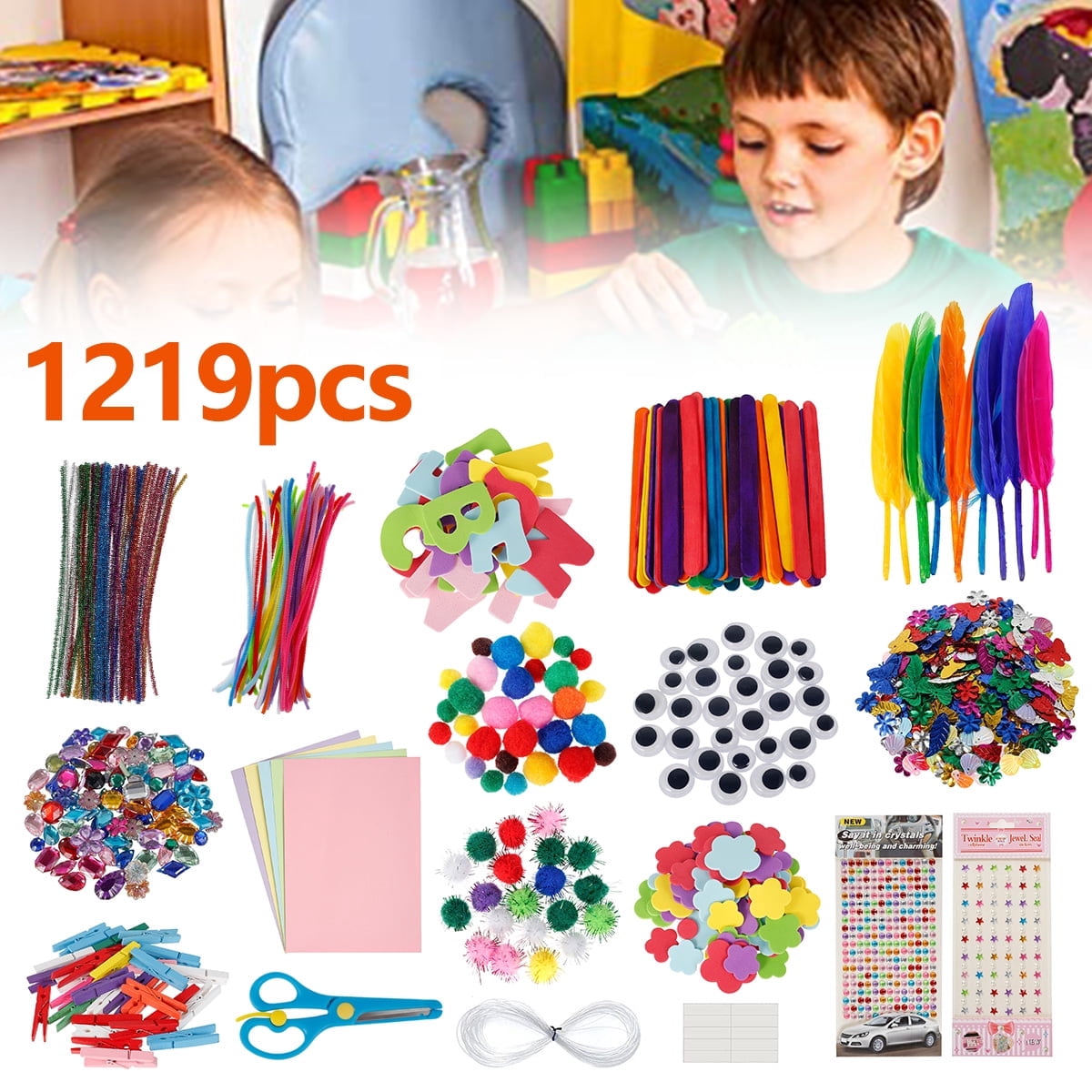Vensio -1000+ pcs DIY Arts and Crafts Supplies Set for Kids and Toddlers, Creative Art Box with Pom Poms Pipe Cleaners and Stickers, Educational School Projects Kit for Girls Boys
