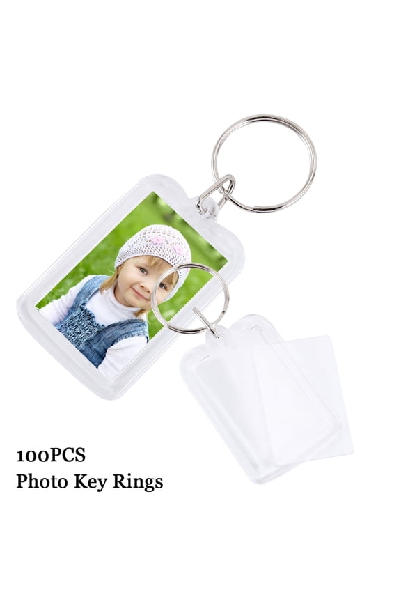 -100pcs Acrylic Blank Photo Frame Keyrings with Split Rings, Clear Double Sided Picture Insert Keychains for DIY Crafting Gifts, Personalized Keychain Set