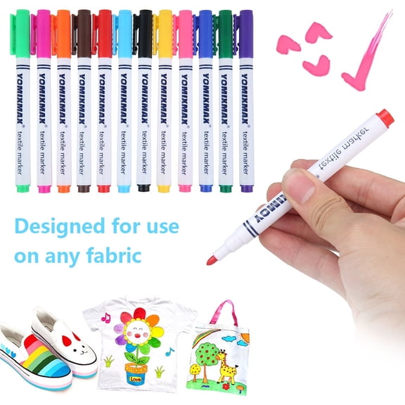 Vensio 12Pcs Permanent Fabric Markers Set Fine Point Non-Toxic Textile Paint Pens for T-Shirts Canvas DIY