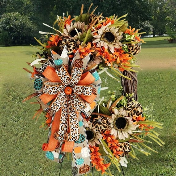 Vensio-16 Inch Leopard Sunflower Fall Wreath, Rustic Burlap Mesh Front Door Decor-orange-