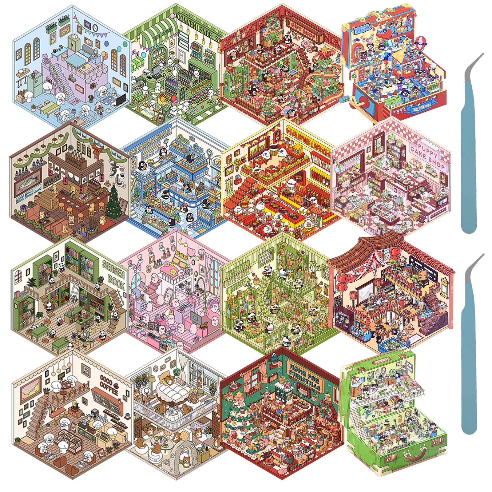Vensio -16Pcs DIY 3D House Scene Stickers Set with 2 Tweezers, Reusable PET 3D Cartoon Furniture Stickers for Mini Room Decoration and Laptop Crafts, 1set