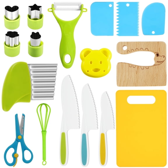 Vensio 17-Piece Kids Cooking Cutter Set Safe Plastic and Wooden Kitchen Tool Kit with Serrated Slicers