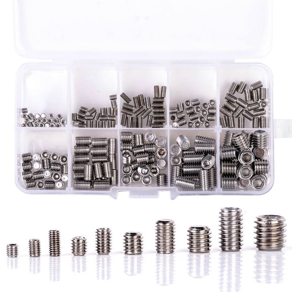 Vensio 200Pcs 304 Stainless Steel Grub Screw Assortment Kit M3 M5 M6 M8 Hex Socket Set Screws for Machinery DIY Repair