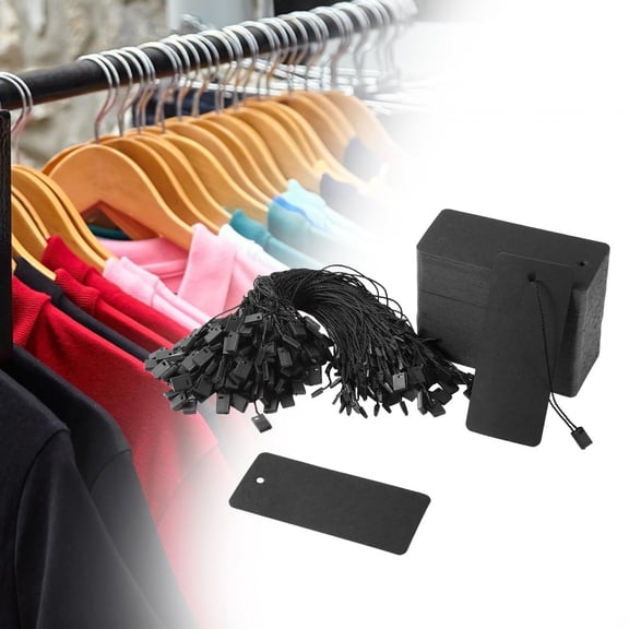 Vensio-200Pcs Black Blank Price Tags with String Attached 1.57x3.54in Writable Cardstock Display Clothing Labels