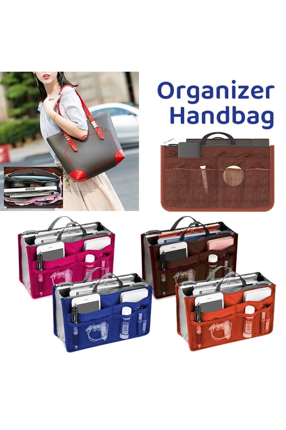 -20L Large Capacity Purse Organizer Insert with 12 Pockets, Polyester Cosmetic Liner Bag for Travel Handbags and Totes, Portable Makeup Storage Pouch Coffee
