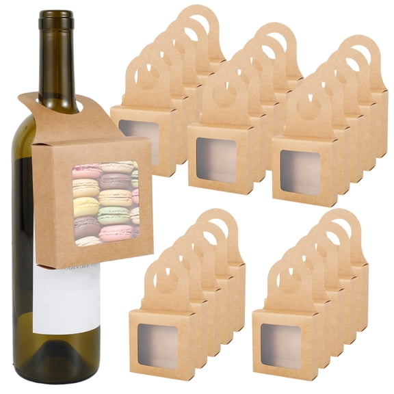 Vensio 25Pcs Khaki Kraft Paper Wine Bottle Gift Boxes with Clear Window Foldable Hanging Treat Containers for Holiday Parties