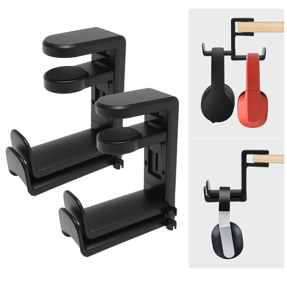Vensio -2Pcs Rotating PC Gaming Headset Holder with Adjustable Clamp, Under Desk Double Headphone Stand with 360 Swivel and Cable Clip, Universal Desk Hanger Black
