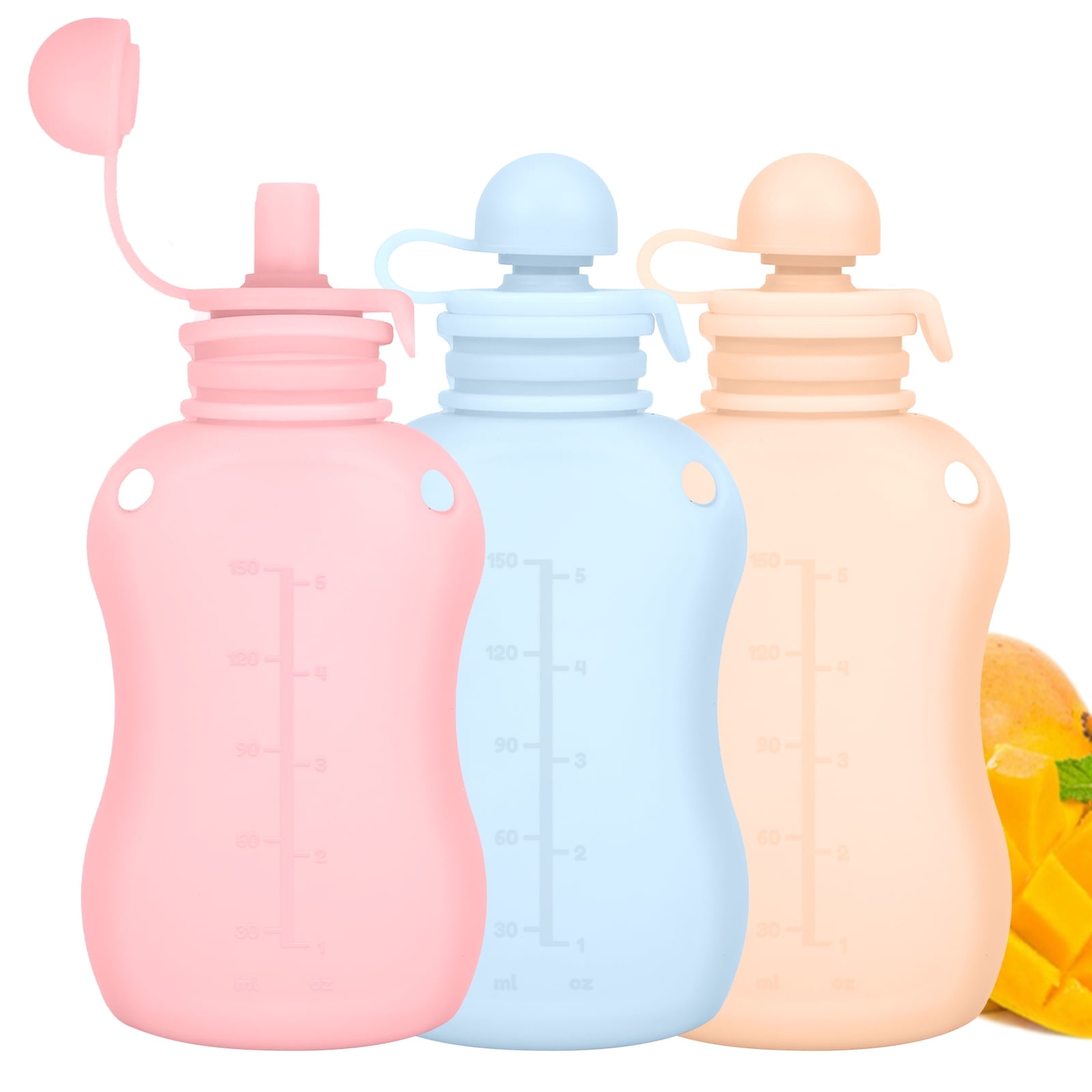 Vensio -3 Pack Silicone Baby Food Pouches 5oz, Reusable Refillable Squeeze Pouches for Toddlers with Straw Mouth, Leakproof Breast Milk and Puree Storage Bags